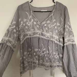 Moon River Long Sleeve Gray Embroidered Top